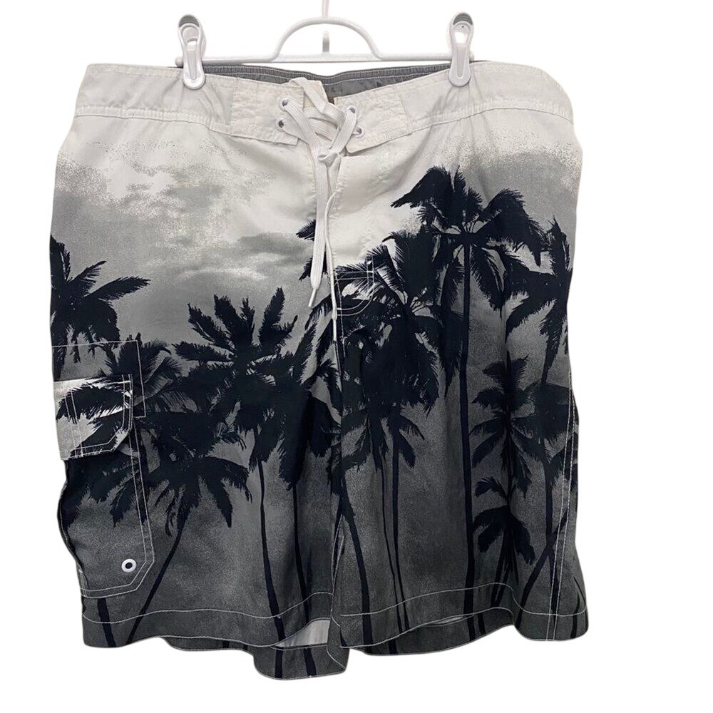 Merona Swim Trunks Mens XL Gray Palm Tree Tropical‎ Board Shorts Cargo Pocket